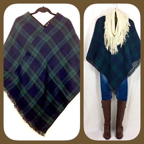 Sale! Thick Hunter Green Side Plaid Poncho - Picture 3 of 4