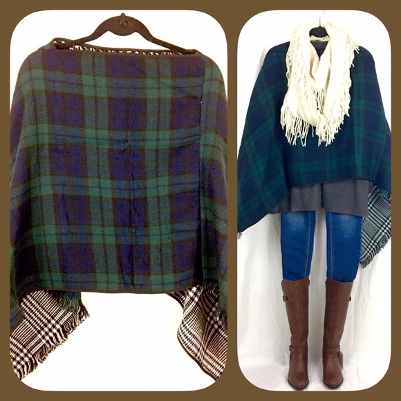 Sale! Thick Hunter Green Side Plaid Poncho - Picture 4 of 4