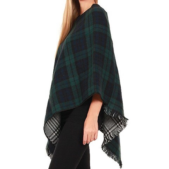 Sale! Thick Hunter Green Side Plaid Poncho - Picture 2 of 4