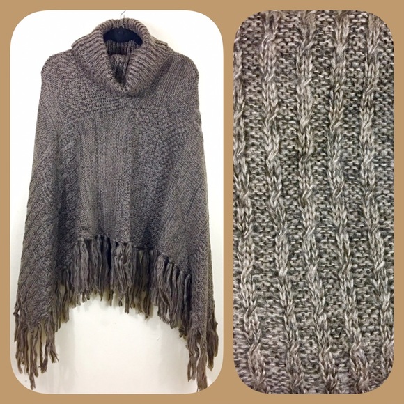 Sale! THICK Taupe Knitted Fringe Turtleneck Poncho - Picture 2 of 2