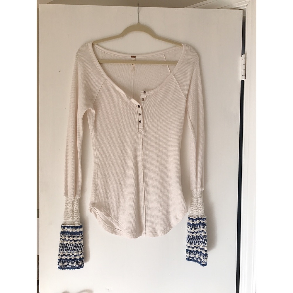 White Blue Sleeve Free People Henley Thermal