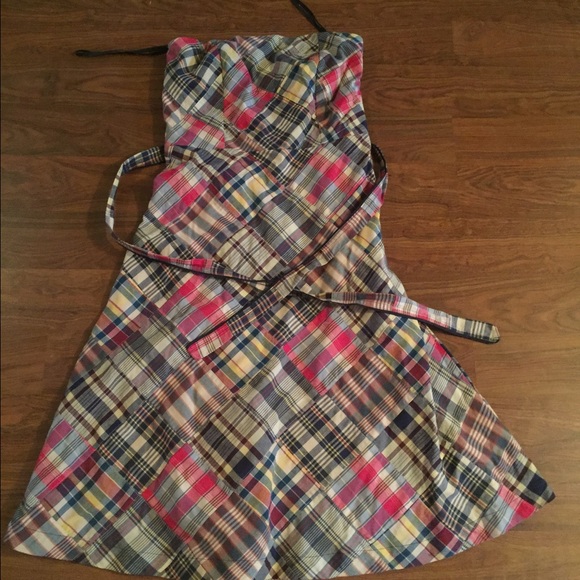 Strapless madras dress with belt