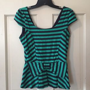 Teal and navy stripe peplum top