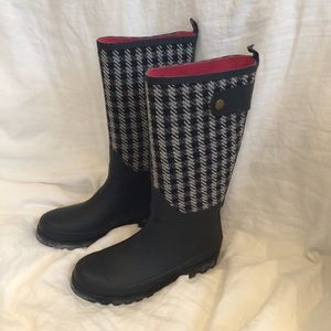 J Crew rain boots with plaid wool fabric detail.