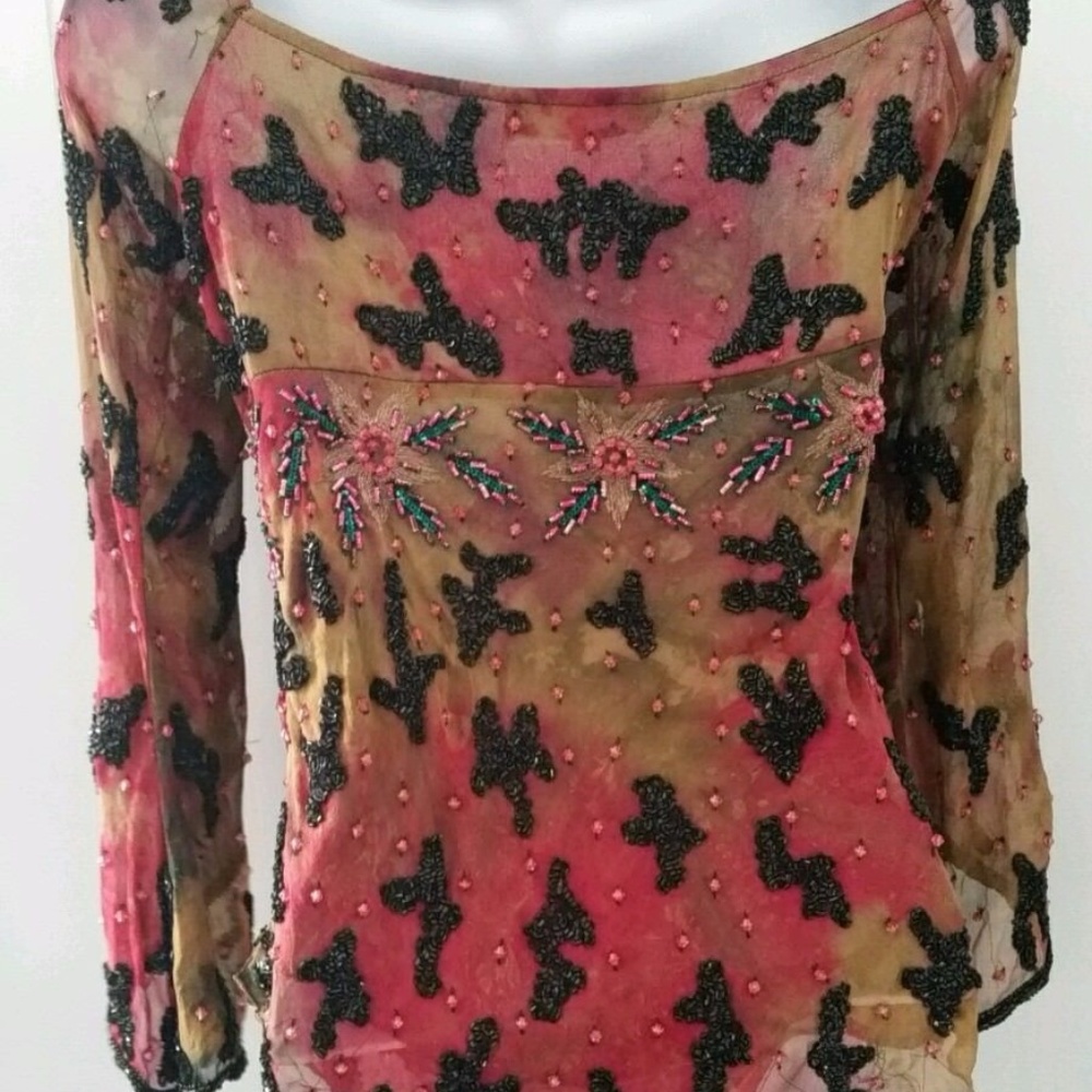 Vintage AFTERSHOCK Hand-Beaded Silk Top, sz S - Picture 3 of 6