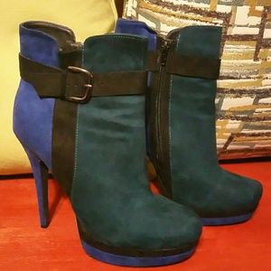 Cobalt blue, dark green,and black ankle boots.