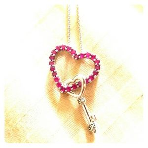 Sterling silver sapphire heart and key necklace