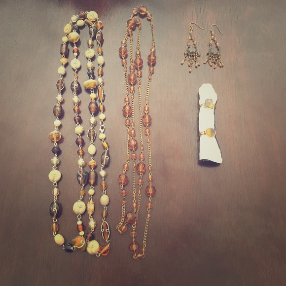 Lot of Brown Jewelry-2 rings/2 Necklaces/Earrings