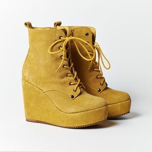 Ego and Greed, Wedge Booties, Yellow Suede