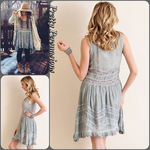 Acid Washed Gray Lace Trim Slip Dress - Picture 3 of 4