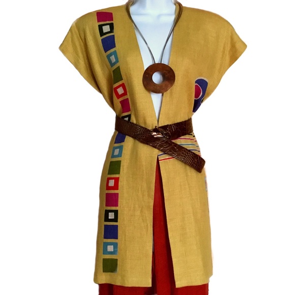 Geometric Abstract Print Linen Vest / Cardigan