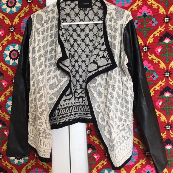 Cardigan with contrast leather sleeves