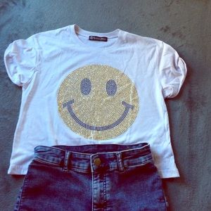 Smiley Face Rhinestone Crop Tee