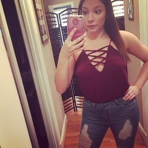 Criss cross maroon bodysuit