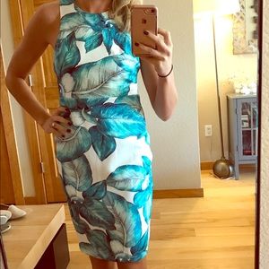 Leaf patterned midi dress with cutout back detail