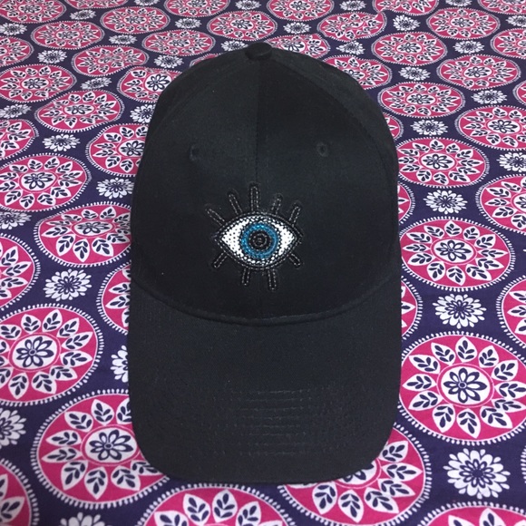NWOT Sequin Blue Eyed Evil Eye Black Hat