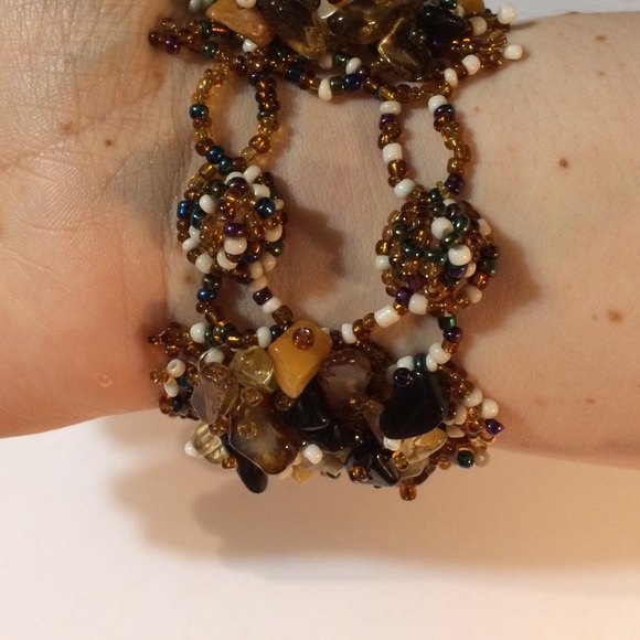 CUFF BRACELET IN BROWN TONE SEED BEADS /GEMSTONES - Picture 3 of 3