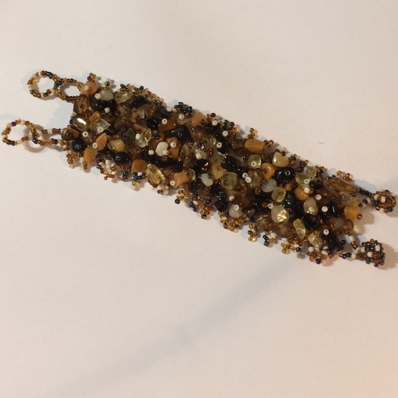 CUFF BRACELET IN BROWN TONE SEED BEADS /GEMSTONES - Picture 2 of 3
