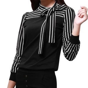 Lady Bow Neck Blouse Stripe Long Sleeve