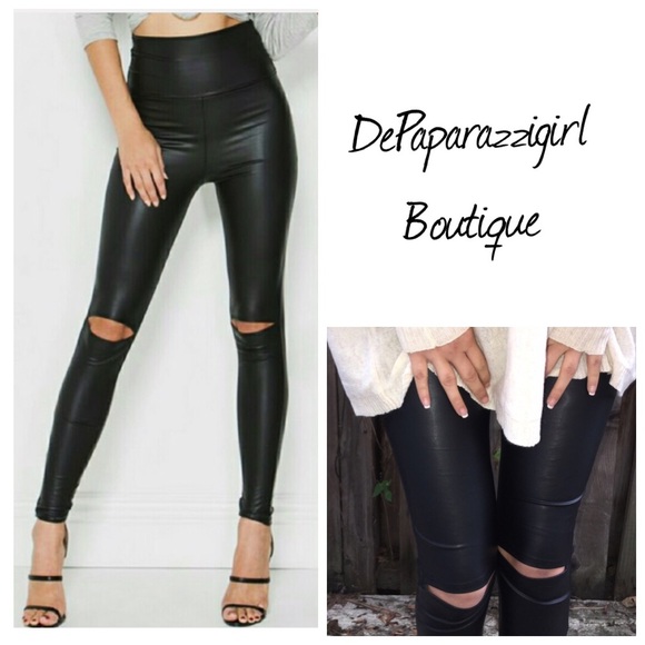 Vegan Black Leather Leggings - Picture 2 of 5