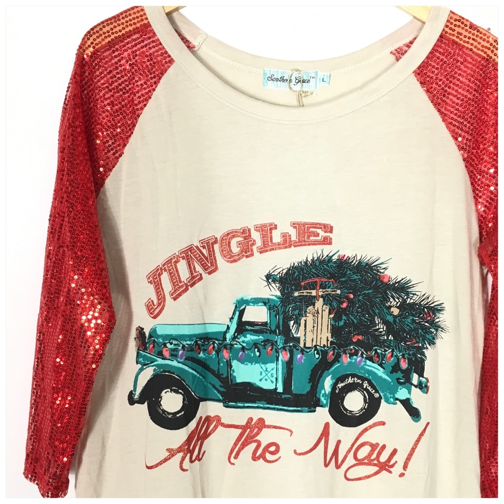 Jingle All the Way Christmas Raglan Tee w/ Sequins - Picture 3 of 5