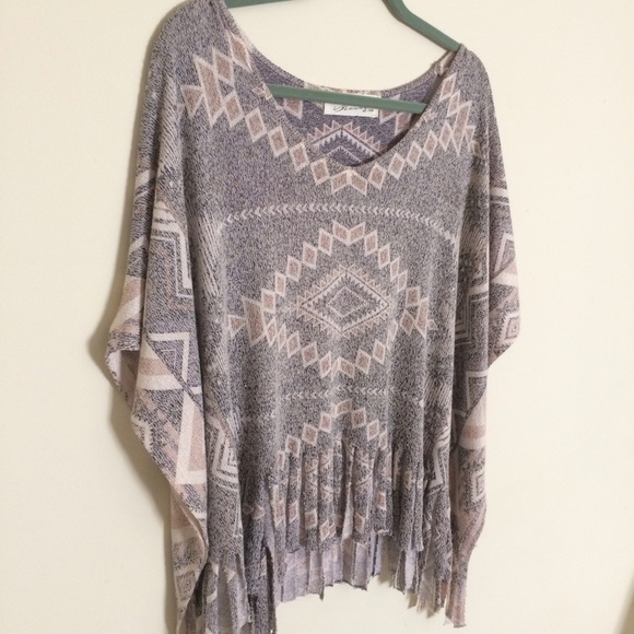 Vintage Havana Fringed Knit Poncho Cape Sweater