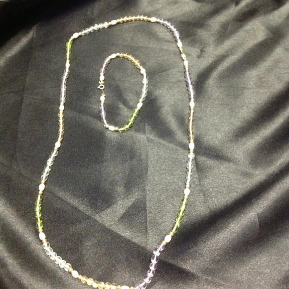22" multi color Quartz necklace bracelet set 14kt