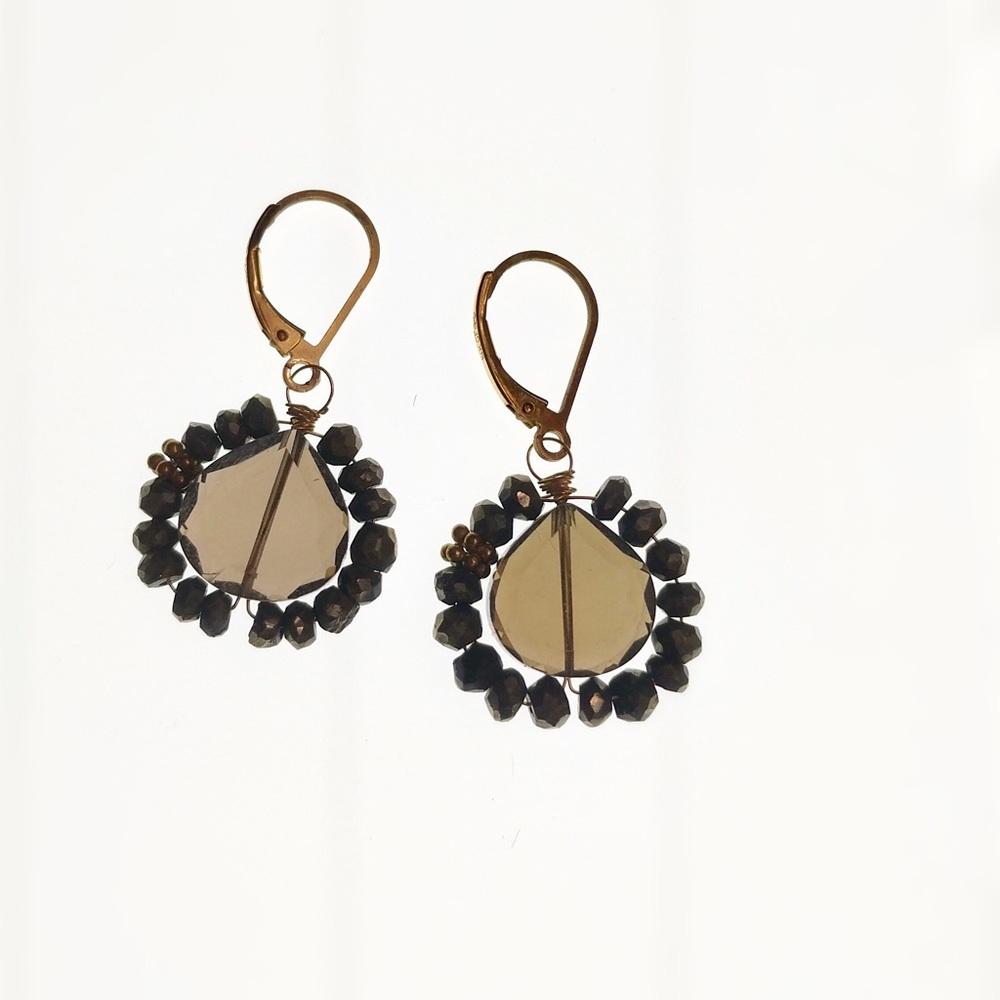 Handmade smoky quartz and pyrite drop earrings