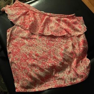 One shoulder pink/coral and white tank top