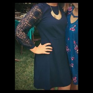 Ann Taylor Loft lace sleeved navy blue dress