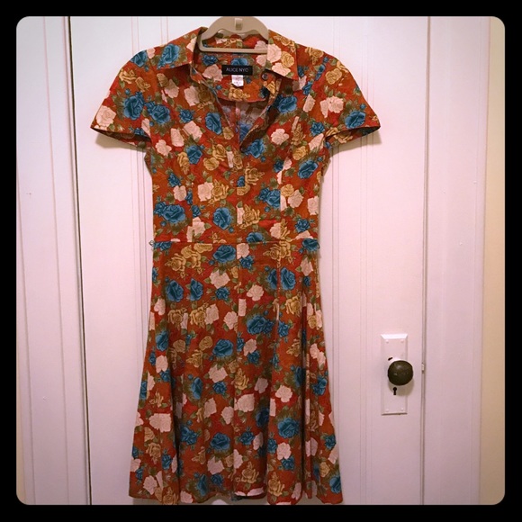 Alice NYC blue and cream rose pattern dress