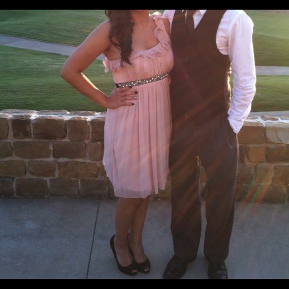 Blush pink one shoulder juniors formal dress
