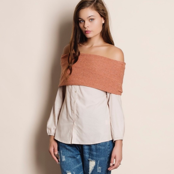Off Shoulder Button Down Top - Picture 2 of 4