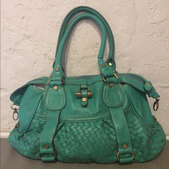 Melie Bianco Turquoise leather braided purse
