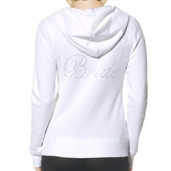 White bridal sweater w/ "bride" in sequins on back
