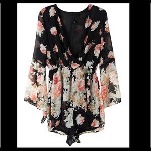Black floral print romper