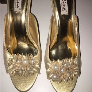 Golden open toe heels