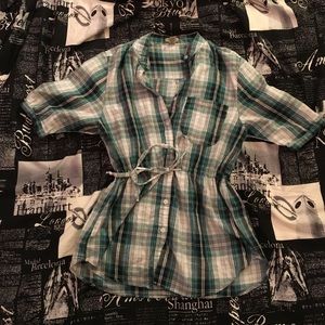Plaid long button up with waist tie.