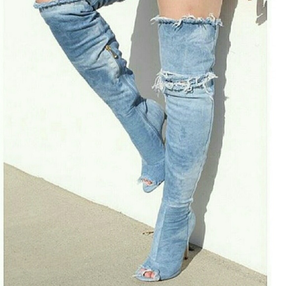 Ripped over the Knee Denim Boots