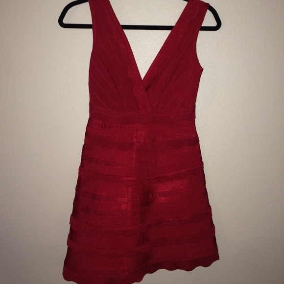 Red V-Neck Ruffled Dress