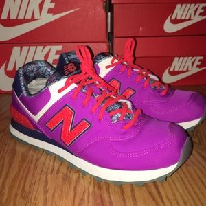 New Balance 574 purple blue and fire orange