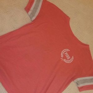 VS PINK coral glitter varsity sleeve tee