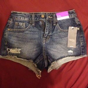 Dark washed distressed denim shorts