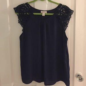Navy lace shoulder blouse
