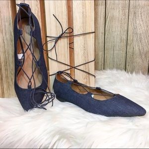 NWOT. Denim Blue Tie-Up Ballet Flats