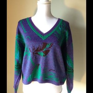 Vintage Leaf Print Cropped Knit Sweater