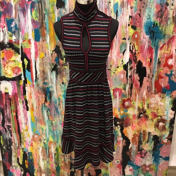 L.A.M.B Navy Sleeveless Mock Neck Waste Dress