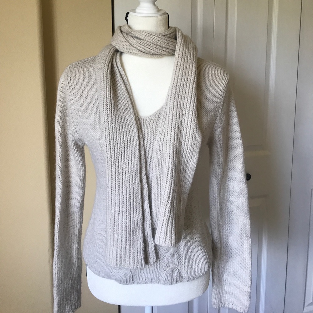 Cable Knit V-Neck Silk Sweater with Scarf