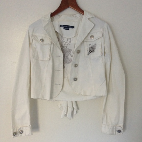 Embroidered White Jacket w/ Distress & Ruffles - Picture 1 of 4