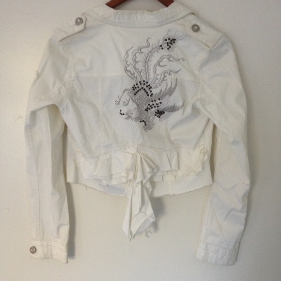 Embroidered White Jacket w/ Distress & Ruffles - Picture 2 of 4